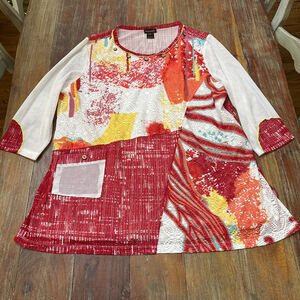 Multiples Tunic Top XL Red White Abstract Boho